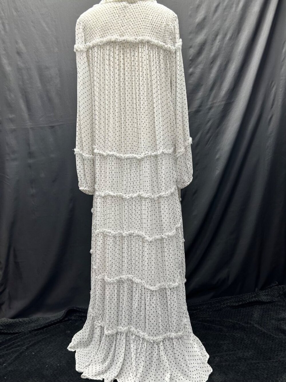 ANTHROPOLOGIE Long Sleeve Smocked Tiered Maxi Dress L White/Black Polka Dot - Picture 3 of 16